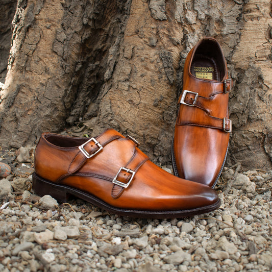 Height Increasing Tan Leather Leminst Monk Strap Shoes