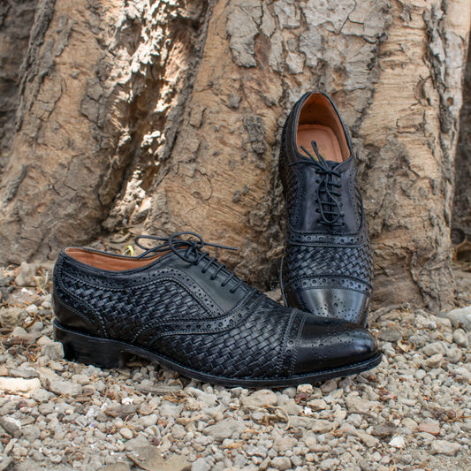 Height Increasing Black Braided Leather Morice Brogue Oxfords