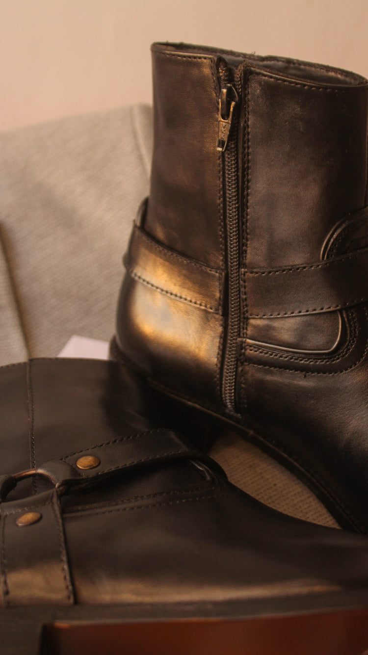 Black Leather Fabrigo Harness Chelsea Boots