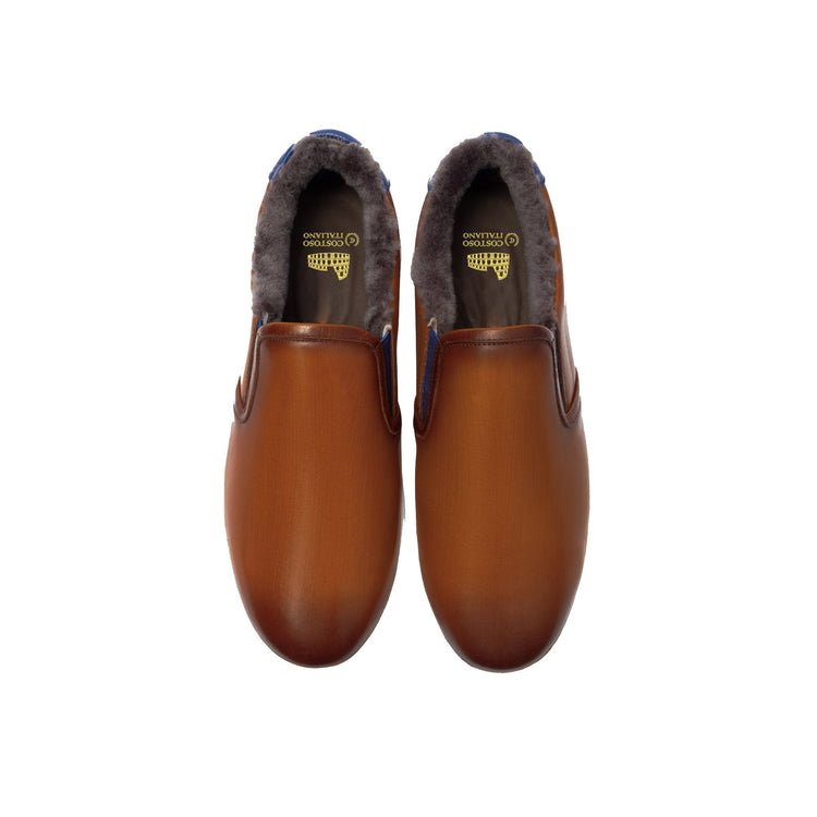 Height Increasing Tan Leather Alton Shearling Cuff Sneakers