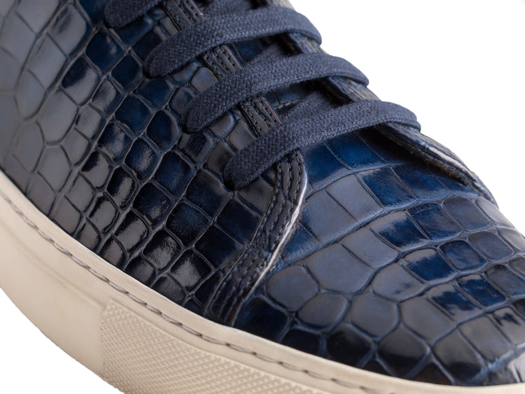 Height Increasing Navy Blue Croc Print Leather Cornella Lace Up Sneakers