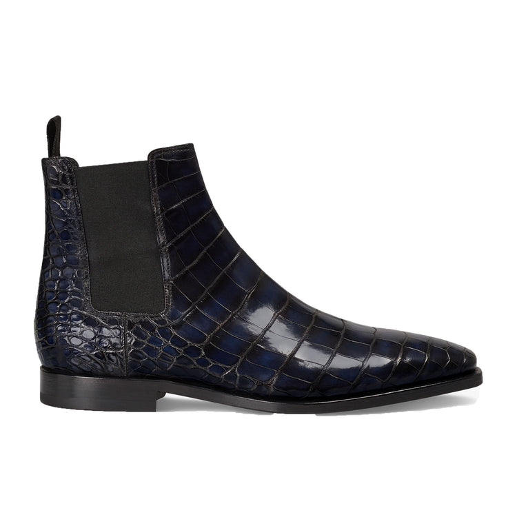 Flat Feet Shoes - Navy Blue Alligator Textured Leather Evington Chelsea Slip On Boots with Arch Support