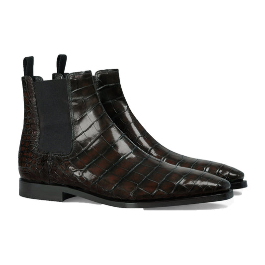 Brown Alligator Textured Leather Evington Chelsea Slip On Boots
