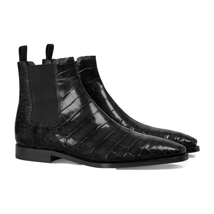 Height Increasing Black Alligator Textured Leather Evington Chelsea Slip On Boots