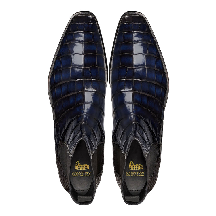 Height Increasing Navy Blue Alligator Textured Leather Evington Chelsea Slip On Boots