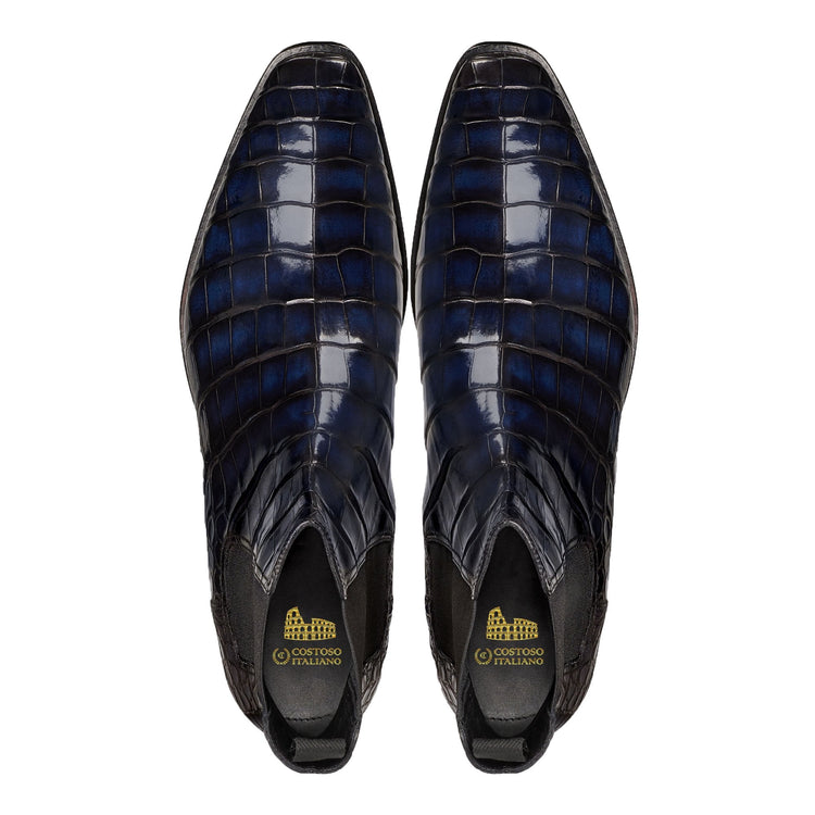 Flat Feet Shoes - Navy Blue Alligator Textured Leather Evington Chelsea Slip On Boots with Arch Support