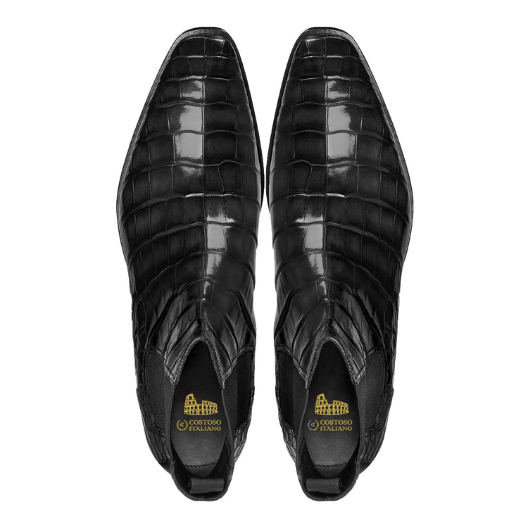 Height Increasing Black Alligator Textured Leather Evington Chelsea Slip On Boots