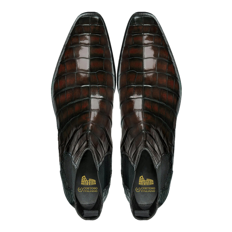 Brown Alligator Textured Leather Evington Chelsea Slip On Boots