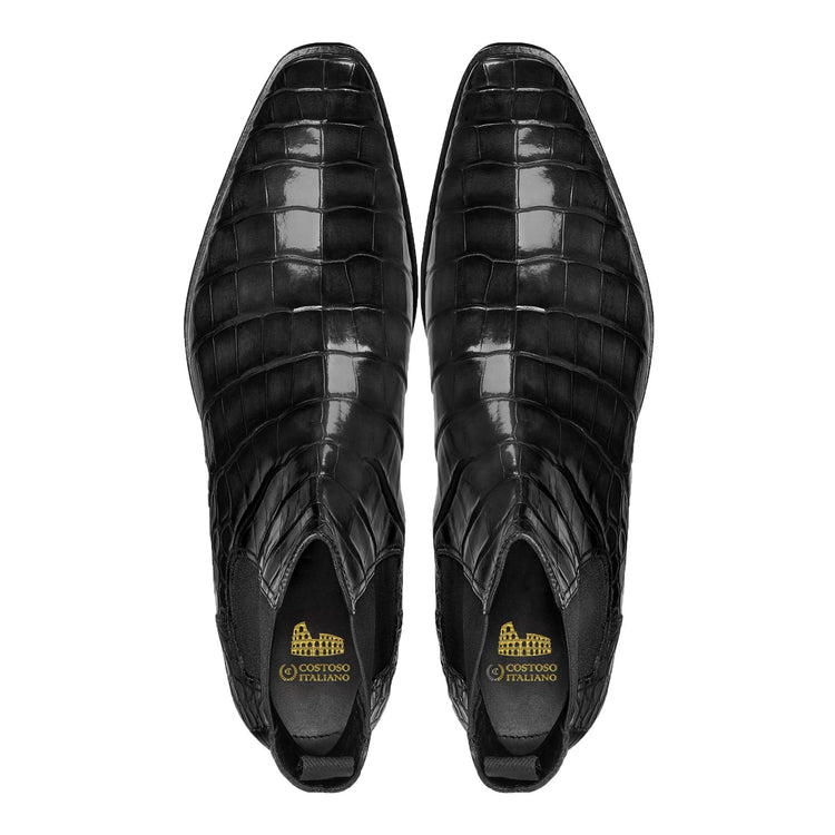 Flat Feet Shoes - Black Alligator Textured Leather Evington Chelsea Slip On Boots with Arch Support