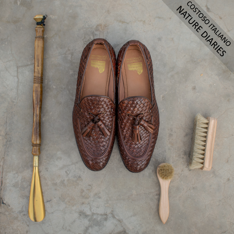 Brown Hand Woven Braided Leather Acton Tassel Loafers