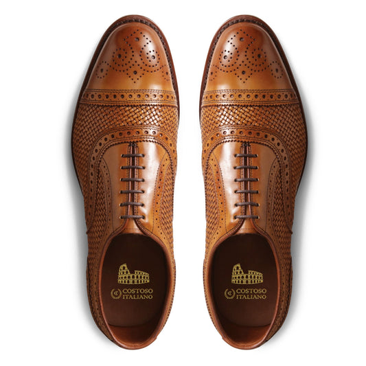 Flat Feet Shoes - Tan Braided Leather Morice Brogue Oxfords with Arch Support