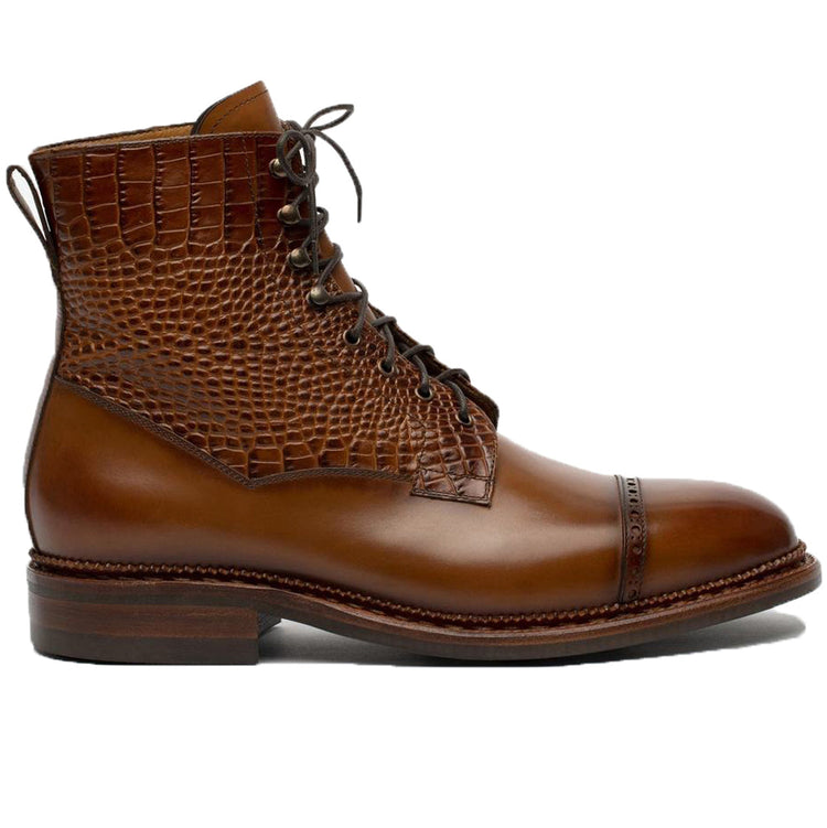 Tan Alligator Textured Leather Furzton Lace Up Boots