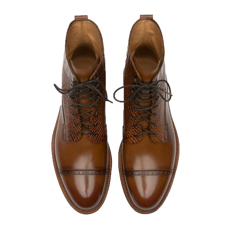 Tan Alligator Textured Leather Furzton Lace Up Boots