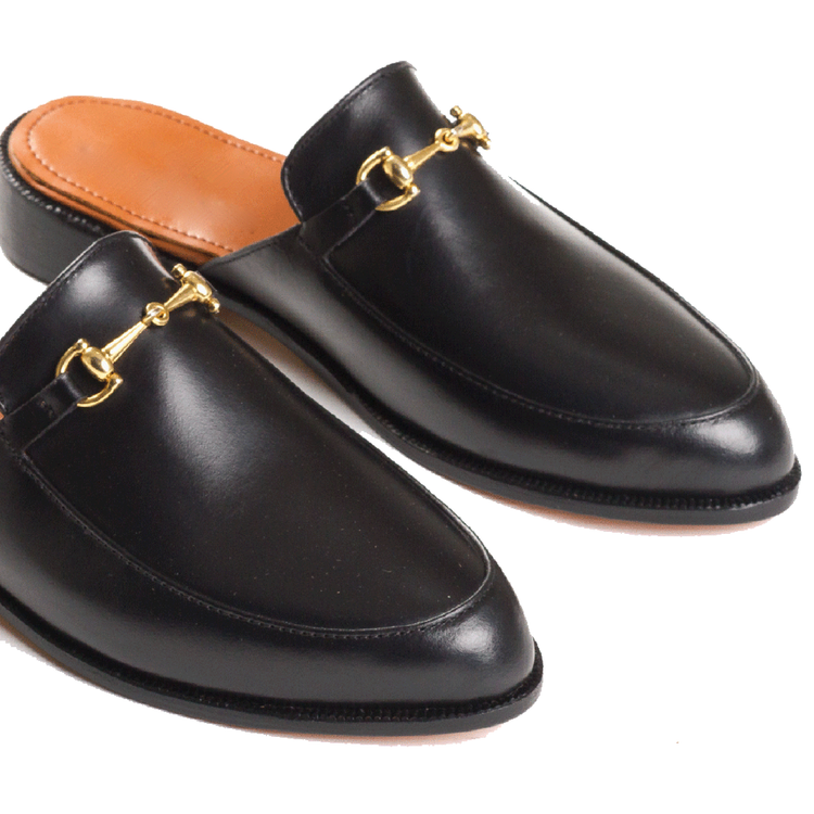 Flat Feet Shoes - Black Leather Loures Horsebit Slippers with Arch Support