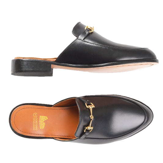 Flat Feet Shoes - Black Leather Loures Horsebit Slippers with Arch Support