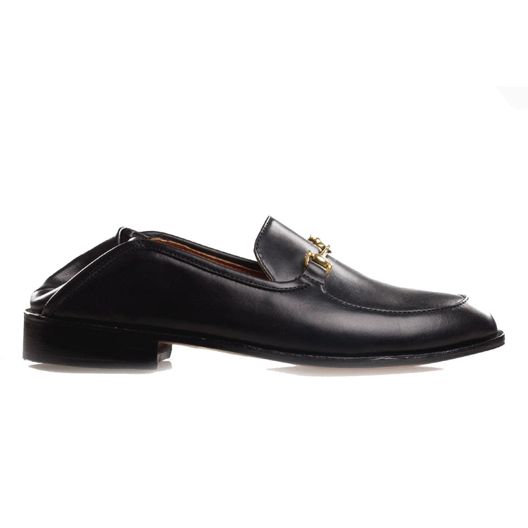 Black Leather Penela Horsebit Collapsible Loafer Slippers