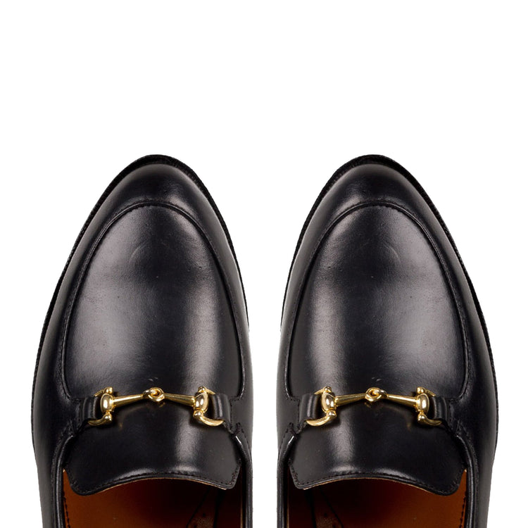 Height Increasing Black Leather Penela Horsebit Collapsible Loafer Slippers