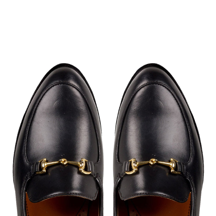 Black Leather Penela Horsebit Collapsible Loafer Slippers