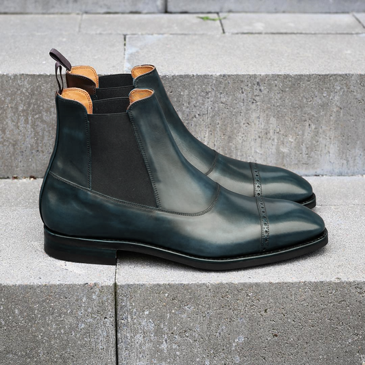 Navy Blue Leather Astorga Brogue Toecap Chelsea Boots