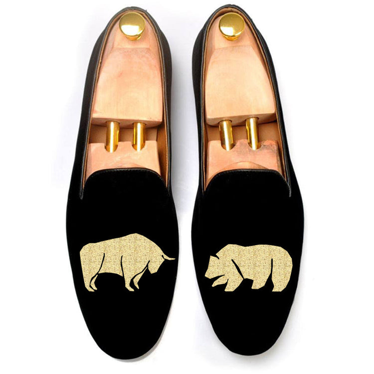 Black Velvet Bull v/s Bear Embroidered Loafers