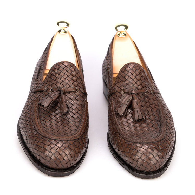 Height Increasing Brown Hand Woven Braided Leather Acton Tassel Loafers