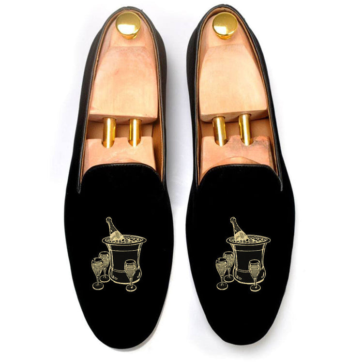 Black Velvet Champagne Embroidered Loafers