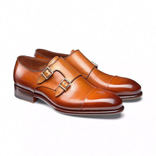 Flat Feet Shoes - Tan Leather Castle Monk Straps with Arch Support