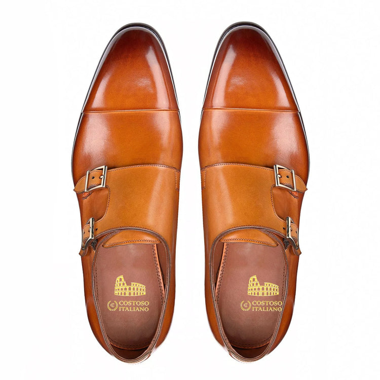 Flat Feet Shoes - Tan Leather Castle Monk Straps with Arch Support