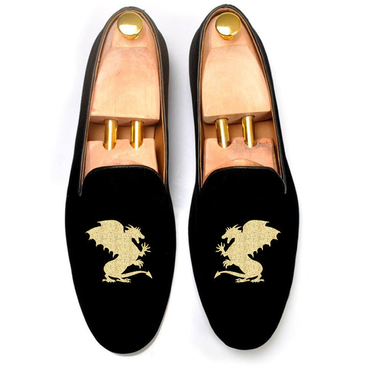 Black Velvet Dragon Embroidered Loafers