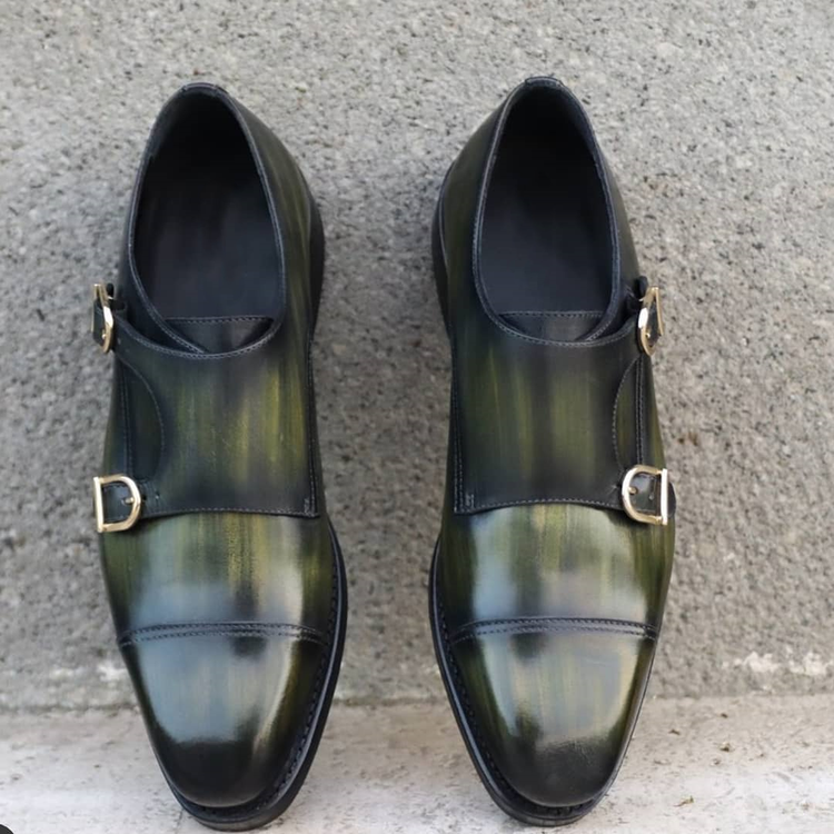 Green Leather Ascona Toe Cap Double Monk Straps