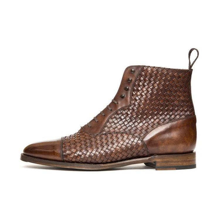 Brown Braided Leather Efford Lace Up Boots