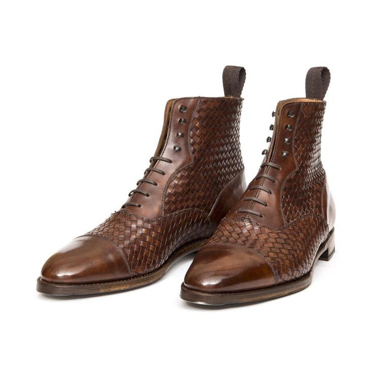 Flat Feet Shoes - Brown Braided Leather Efford Lace Up Boots with Arch Support