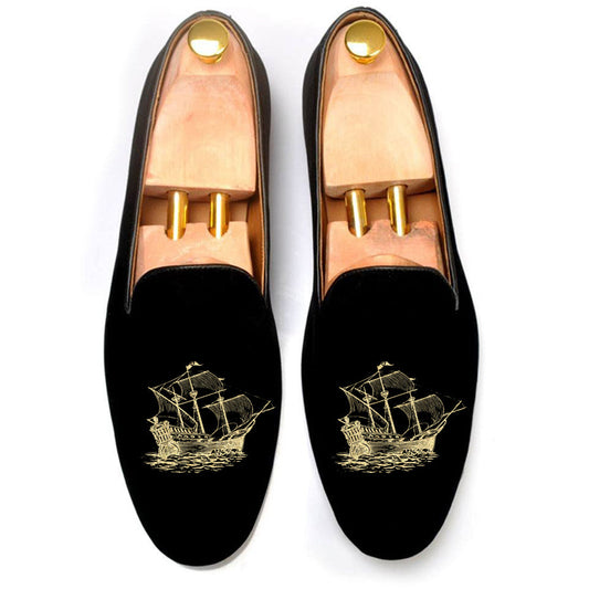 Black Velvet Man o' War Embroidered Loafers