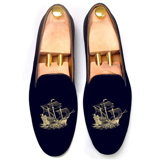 Flat Feet Shoes - Blue Velvet Man o' War Embroidered Loafers with Arch Support