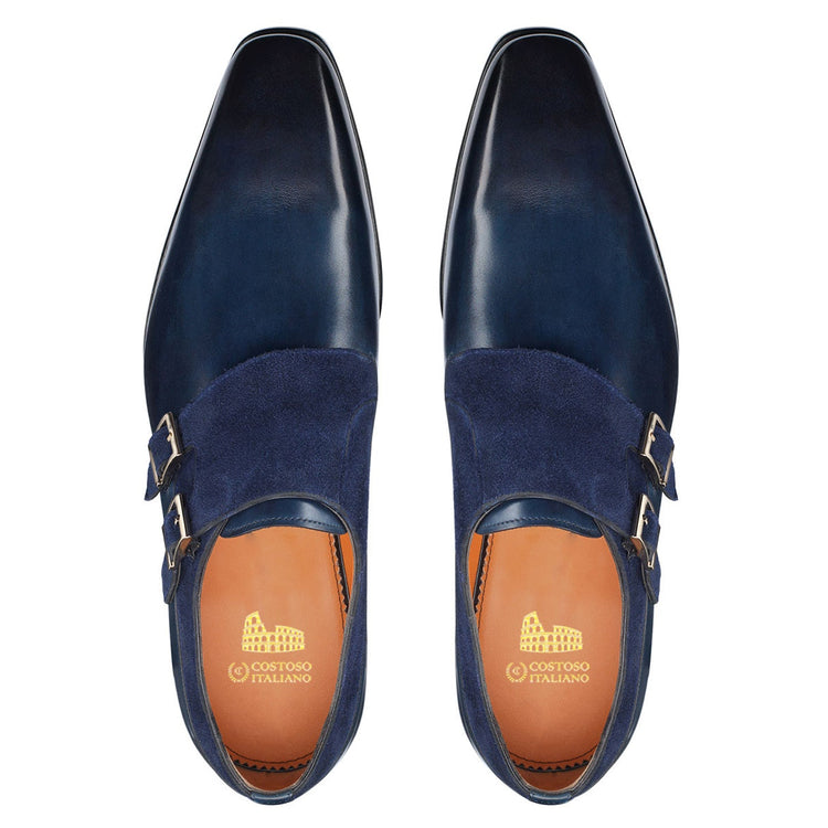 Height Increasing Navy Blue Leather & Suede Castle Monk Straps