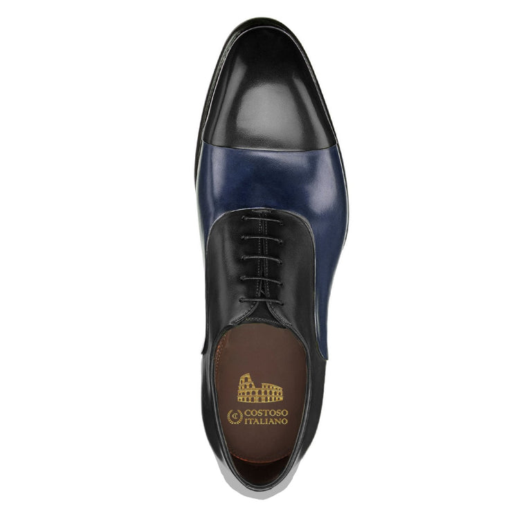 Flat Feet Shoes - Black and Navy Blue Leather Woodford Balmoral Toe Cap Oxfords with Arch Support