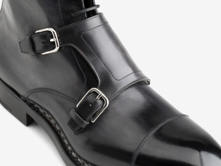 Norwegian Welted Mafra Black Leather Double Monk Strap Oxford Boot