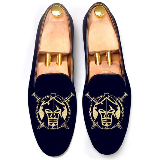 Blue Velvet Spartan Shield Embroidered Loafers