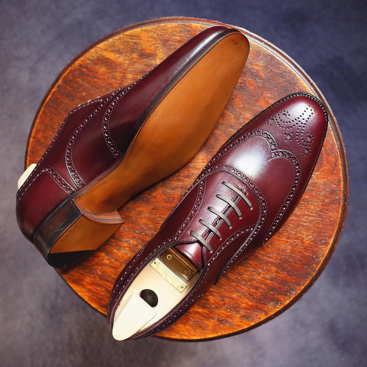 Burgundy Brown Leather Boudry Brogue Wingtip Oxfords - Formal Shoes